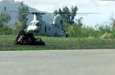 Sergeant (SGT) Michael Donahoe, 2nd Battalion, 11th Marine Regiment provides security for a CH-46 Sea Knight helicopter at an Entry Control Point (ECP) during a simulated Noncombatant Evacuation Operation (NEO), in support of Exercise TANDEM THRUST 2003