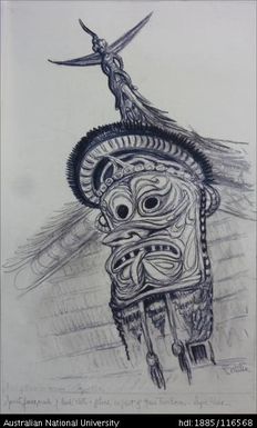 Spirit face, made of bark cloth and fibres, on front of Haus Tamboran, Sepic [sic] River