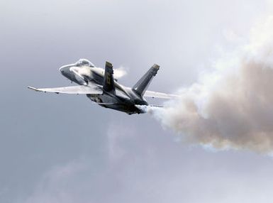 US Navy (USN) Lead solo pilot, Lieutenant Commander (LCDR) Craig R. Olson, assigned to The US Navy (USN) flight demonstration team the "Blue Angels," performs a section high alpha maneuver at an air show at Marine Corps Base Hawaii in Kaneohe Bay, Hawaii