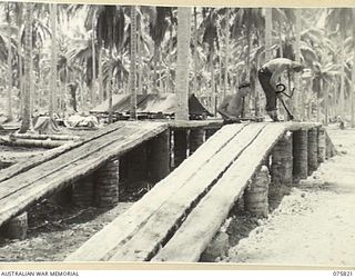 SIAR, NEW GUINEA. 1944-09-11. TROOPS OF THE 113TH BRIGADE WORKSHOPS, BUILDING A NEW RAMP IN THE UNIT MOTOR TRANSPORT SECTION. IDENTIFIED PERSONNEL ARE: VX74587 CRAFTSMAN L.S. GOLDRING (1); VX73748 ..