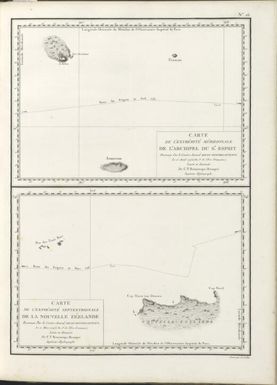Carte de l'extremite meridionale de l'archipel du St. Esprit, reconnue par le contre-amiral Bruny Dentrecasteaux, le 15 avril 1793 (an 1er de l'ere Francaise) Carte de l'extremite septentrionale de la Nouvelle Zeelande, reconnue par le contre-amiral Bruny-Dentrecasteaux, le u mars 1793 (an 1er de l'ere Francaise) / levee et dressee par C.F. Beautemps-Beaupre, ingenieur-hydrographe