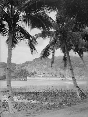 [Large passenger ship moored in Pacific Island setting]