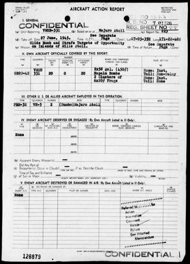 VMSB-331 - ACA Rep #223 - Bombing and strafing targets on islands of Mille Atoll, Marshall Islands on 6/27/45