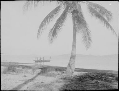 Group of people in a canoe with a palm tree in the foreground, Papua, ca. 1923 / Sarah Chinnery