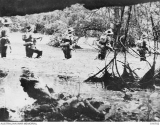 1944-03-22. NEW GUINEA. TROOPS WADE OUT OF THE SWAMP KNEE DEEP ON THEIR WAY TO SHAGGY RIDGE. A SHOT FROM THE DEPARTMENT OF INFORMATION FILM "JUNGLE PATROL"