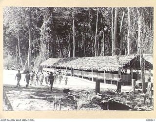 FAURO ISLAND, BOUGAINVILLE AREA. 1945-11-11. LIEUTENANT COLONEL H.L.E. DUNKLEY, COMMANDING OFFICER, 7 INFANTRY BATTALION, AND MEMBERS OF THE INSPECTION PARTY, WALK THROUGH THE JAPANESE AREA NO. 8 ..