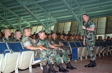 General Charles C. Krulak, 31st Commandant of the Marine Corps is addressing the 3rd Marines during a birthday ceremony at Kaneohe Bay, Marine Corps Base Hawaii