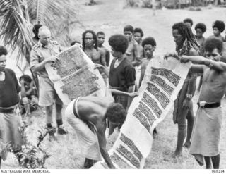 MENDAROPU, NEW GUINEA, 1942-10. P391 CAPTAIN B.W. FAITHORN, AUSTRALIAN AND NEW GUINEA ADMINISTRATIVE UNIT, INSPECTING TAPA CLOTH BROUGHT IN BY NATIVES FROM THE SURROUNDING JUNGLE AND COASTAL ..