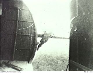 KOKODA, PAPUA, 1942-11-03. THE REAR CARGO DOOR OFF "IRENE," A 5TH AIR FORCE (USAAF) C47, WRAPPED AROUND THE PORT TAILPLANE. THIS AIRCRAFT WAS DROPPING SUPPLIES TO AUSTRALIAN TROOPS AT KOKODA WHEN ..