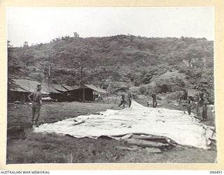 RABAUL, NEW BRITAIN, 1945-09-12. MEMBERS OF 4 FIELD AMBULANCE PREPARING TO ERECT A WARD TENT TO RECEIVE PATIENTS. THE UNIT FORMED PART OF THE FORCE DRAWN FROM 4 INFANTRY BRIGADE WHICH OCCUPIED ..