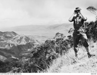 FARIA RIVER AREA, NEW GUINEA. 1943-11-07. AN OFFICER OF THE 2/4TH ARTILLERY COMPANY, 2/27TH AUSTRALIAN INFANTRY BATTALION OBSERVING THE RESULTS OF AN ARTILLERY BOMBARDMENT ON THE JAPANESE POSITIONS ..