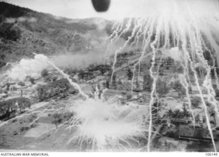 Rabaul, New Britain. 1943-11-02. Allied bombing raid on Rabaul by B25 Mitchell bombers supported by P38 Lightnings