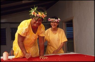 Two women making tivaevae, with Mrs Tokerau Munro