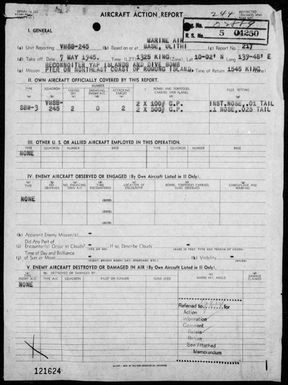 VMSB-245 - ACA rep #217 - Reconnaissance, bombing & strafing targets in the Yap Area, Carolines on 5/7/45