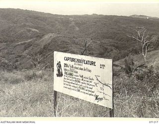 FINSCHHAFEN AREA, NEW GUINEA, 1944-03-17. ONE OF MANY BATTLE SIGNS IN THE FINSCHHAFEN AREA, THIS SIGN RECORDS CAPTURE OF THE 2,600 FEET FEATURE BY THE 2/24TH INFANTRY BATTALION. ON OCCUPATION OF ..