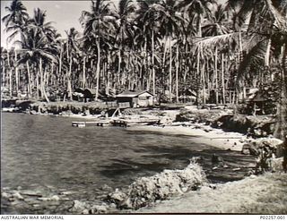 Astrolabe Bay, Madang, New Guinea, 1945-08. Buildings and tents of Headquarters, RAAF Northern Command (NORCOM), nestle among a forest of tropical palm trees on the shores of a tranquil bay or ..