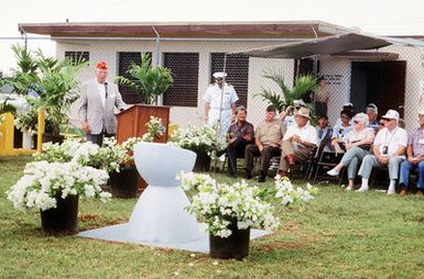 Retired MAJ. GEN. Walter Churchill (Fifth Marine Field Depot) addresses the audience during the 50th anniversary Ceremony of the Liberation of Guam during World War II