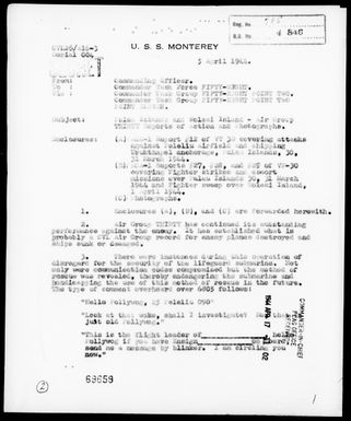 USS MONTEREY - Act Rep, Carrier Air Strikes on Palau & Woleai Is, 3/30/44 to 4/1/44