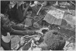 Pig festival, wig ritual: man applies hot tree resin to wig