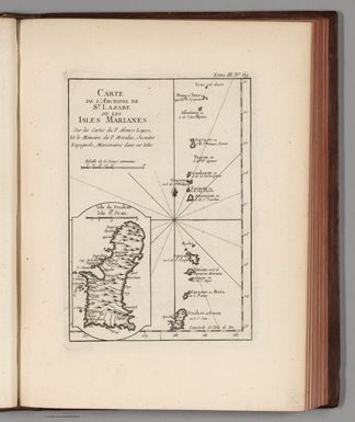 Carte de l'archipel de St. Lazare ou les isles Marianes, Sur les Cartes du P. Alonso Lopez et le mémoire du P. Morales, jesuites Espagnole, missionaires dans ces isles. (inset map) Isle de Guahan ou Isle St. Jean.