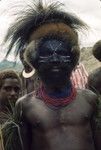 Man dressed for a ceremony, with headdress of marsupial fur and cassowary feathers, trade beads, blackened face