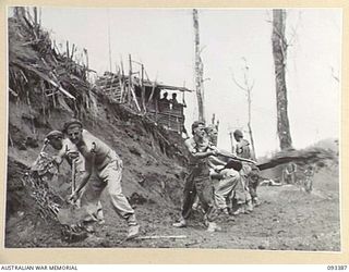 BERRY'S HILL, CENTRAL BOUGAINVILLE, 1945-06-27. MEMBERS OF MORTAR PLATOON, 7 INFANTRY BATTALION, WORKING ON THE BERRY'S HILL ROAD WITH SHOVELS. THE ROAD WILL ENABLE SUPPLIES TO BE EXPEDITED TO ..