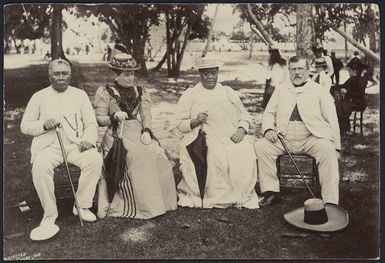 The King and Queen of Rarotonga, with Mrs Seddon and Premier Richard Seddon, in the palace grounds, Rarotonga, during Seddon's visit to the Pacific Islands