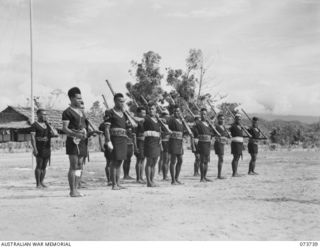 SALAMAUA, NEW GUINEA. 1944-06-04. MEMBERS OF THE ROYAL PAPUAN CONSTABULARY ON PARADE AT HEADQUARTERS AUSTRALIAN NEW GUINEA ADMINISTRATIVE UNIT, IN THE MOROBE DISTRICT