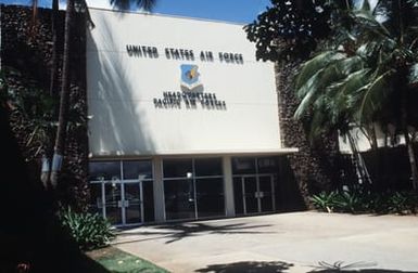 An exterior view of the Pacific Air Forces Headquarters Building