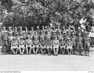 LAKONA, NEW GUINEA, 1944-03-29. SENIOR NON COMMISSIONED OFFICERS OF THE 30TH INFANTRY BATTALION, 8TH INFANTRY BRIGADE. LEFT TO RIGHT, BACK ROW: NX142219 SERGEANT (SGT) J. B. DOOLAN; WX13406 SGT R. ..