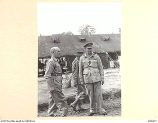 TOROKINA, BOUGAINVILLE. 1945-04-11. SENATOR J.M. FRASER, ACTING MINISTER FOR THE ARMY (1), ACCOMPANIED BY MATRON M.E. HURLEY, AUSTRALIAN ARMY NURSING SERVICE (2), AND LIEUTENANT GENERAL S.G. SAVIGE ..