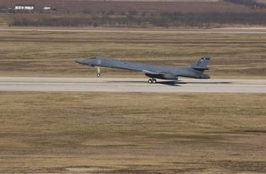 At Dyess Air Force Base (AFB), Texas, a B-1B Lancer bomber from the 9th Bomb Squadron (BS), prepares for take off on a deployment to Guam in support of our defensive posture in the Pacific region