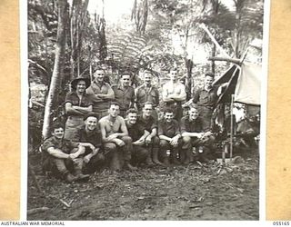 NEW GUINEA, 1943-07-27. TROOPS OF THE 2/5TH BATTALION, "Q" STAFF, AT THE GOODVIEW DROPPING GROUND. LEFT TO RIGHT:- BACK ROW. VX4339 PRIVATE (PTE) J. DOUGLAS; VX52806 LANCE CORPORAL R. J. REDRUP; ..