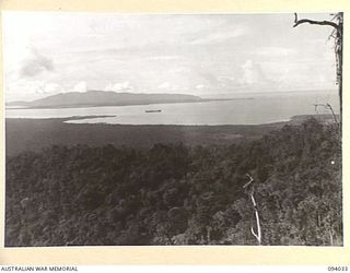 WEWAK AREA, NEW GUINEA, 1945-07-14. A SECTION OF THE PANORAMIC VIEW FROM MOUNT SHIBURANGU (1648 FT) AFTER ITS CAPTURE BY 2/8 INFANTRY BATTALION TROOPS. IT SHOWS WEWAK POINT AT THE RIGHT AND SWEEPS ..