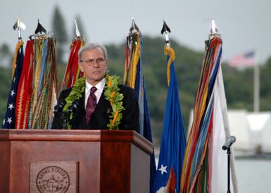 U.S. Navy Keynote Speaker Tom Brokaw addresses the audience during a joint U.S. Navy/National Park Service ceremony commemorating the 65th anniversary of the attack on Pearl Harbor, Hawaii, on Dec. 7, 2006. More than 1,500 Pearl Harbor survivors, their families and friends from around the nation joined more than 2,000 distinguished guests and the general public for the annual observance. (U.S. Navy PHOTO by Mass Communication SPECIALIST David Rush) (Released)