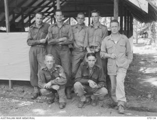 RAMU VALLEY, NEW GUINEA. 1944-02-04. STAFF OF THE BRANCH OF THE ADJUTANT GENERAL AT 7TH DIVISION HEADQUARTERS. IDENTIFIED PERSONNEL ARE: NX24960 SERGEANT G.J. WATSON (1); QX52871 CORPORAL D.A. ..