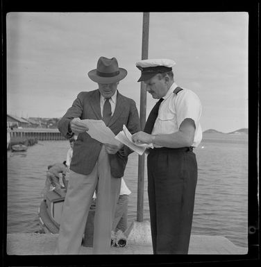 Qantas Fiji service, Lee Johnston (left) with Captain R Nicholl, Noumea, New Caledonia