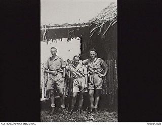 OBA OBA, PAPUA, 1942. PORTRAIT OF THREE SPOTTERS FROM THE NEW GUINEA AIR WARNING WIRELESS COMPANY (NGAWW). LEFT TO RIGHT: BILL THOMSON, TICH TAYLOR, MARTY WALSH