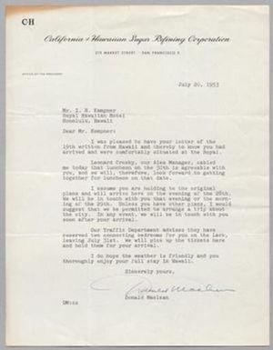 [Letter from Donald Maclean to I. H. Kempner, July 20, 1953]