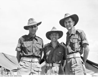 WEWAK POINT, NEW GUINEA. 1945-10-02. THREE DECORATED MEMBERS OF NO. 12 PLATOON, C COMPANY, 2/3 MACHINE-GUN BATTALION. SERGEANT J.A. SEWELL OF THE SAME PLATOON WHO WAS KILLED IN ACTION WAS ALSO A ..