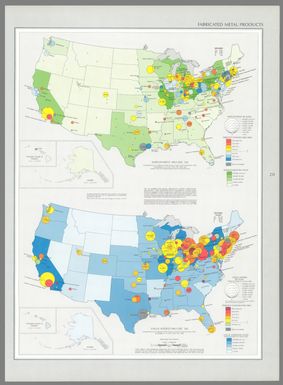 Employment : 1963 (SIC 34) / compiled from U. S. Bureau of the Census, Census of manufacturers: 1963, Washington, U. S. Govt. Print Off., 1966; and various State and national directories of manufacturers -- Value added : 1963 (SIC 34) / compiled from U. S. Bureau of the Census, Census of manufacturers: 1963, Washington, U. S. Govt. Print Off., 1966.