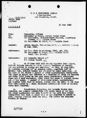 USS ENDYMION - Report of torpedoing by enemy submarine while enroute from Saipan Island, Marianas to Pearl Harbor, T H 6/21/45