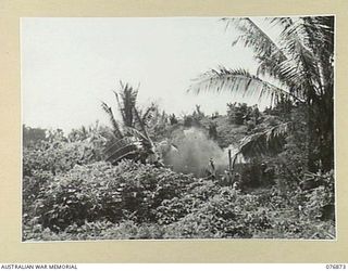 JACQUINOT BAY, NEW BRITAIN. 1944-11-11. SAPPERS OF THE 14/32ND INFANTRY BATTALION BLASTING ROCK FOR ROAD BALLAST FROM A QUARRY IN THE WUNUNG PLANTATION