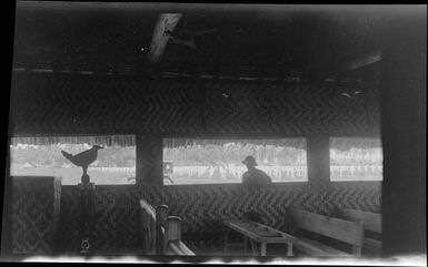 View from interior of Memorial Chapel, Gaudalcanal, Solomon Islands, showing cemetary