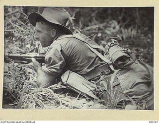 DAGUA, NEW GUINEA. 1945-03-27. BOMBARDIER B.W. EDMOND, 2/2 FIELD REGIMENT ATTACHED 2/2 INFANTRY BATTALION, PROVIDING COVER FIRE FOR A FORWARD OBSERVATION POST: AN ILLUSTRATION OF THE ONE MAN FRONT ..