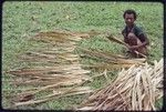 Weaving: woman spreads pandanus leaves to dry, preparing them to be used in basket- or mat-making