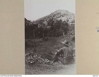 DAGUA, NEW GUINEA. 1945-03-30. CPL R. LAWLER, D COMPANY, 2/2 INFANTRY BATTALION WATCHING AN ARTILLERY SHOOT ON JAPANESE POSITIONS IN THE TORRICELLI MOUNTAINS