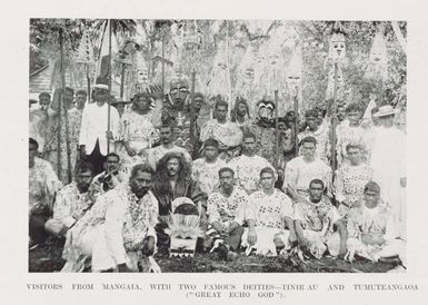 Visitors from Mangaia, with two famous deities - Tinirau and Tumuteangaoa ('Great Echo God')