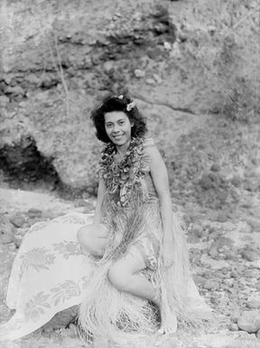 [Portrait of a Polynesian woman wearing a titi (skirt)]