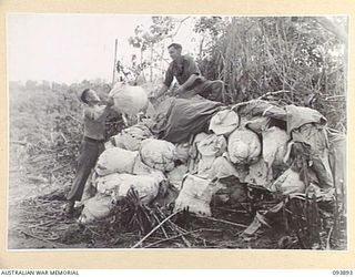 ULEBILUM RIDGE, YAMIL SECTOR, NEW GUINEA, 1945-07-08. CORPORAL W.D. KELLY (1), AND PRIVATE S. ALMOND (2), MEMBERS OF 2/5 SUPPLY DEPOT COMPANY, STACKING MORE PARACHUTES ON THE LARGE PILE PRIOR TO ..